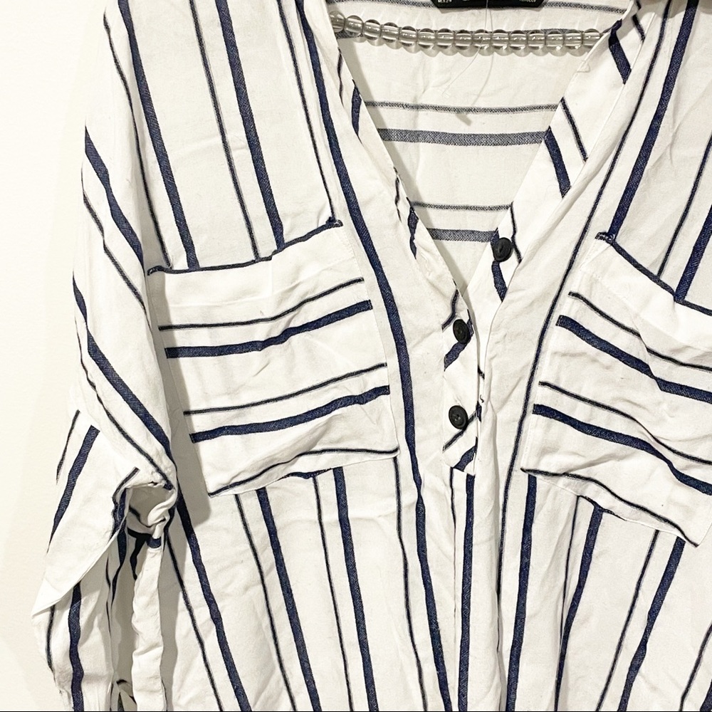 Zara Size‎ XS White Blue Stripe Half Button Quarter Sleeve Thin Knit Top - Picture 2 of 4
